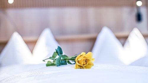 Gudrun entdeckt: Bergkräuter aus dem Pflerschtal Gelbe Rose liegt auf weißem Bett mit weißen Kissen im Hintergrund