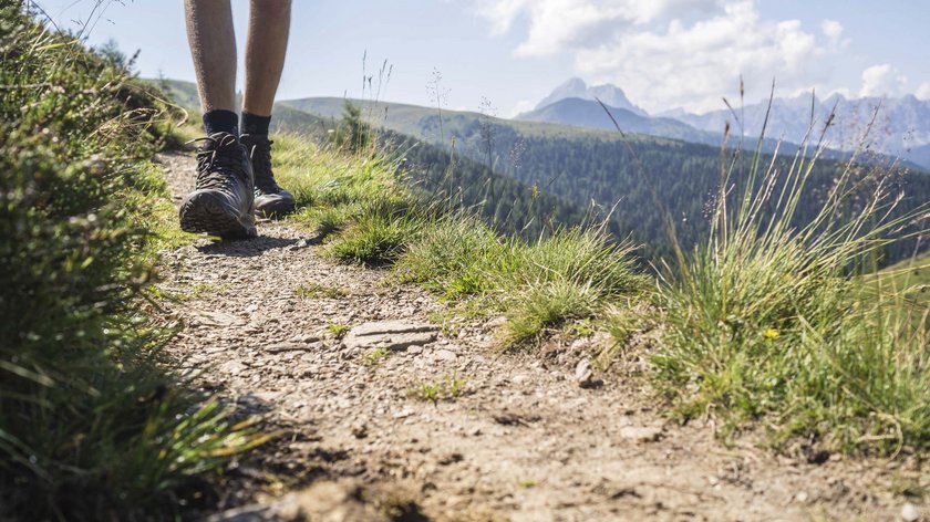 Per escursionisti appassionati Escursionista con scarponi su un sentiero di montagna con erba e montagne sullo sfondo