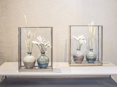 Hotel a Colle Isarco: benvenuti da Gudrun! Due vasi con fiori secchi in scatole di vetro su una mensola bianca