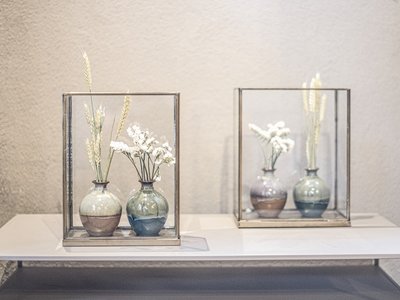 Hotel a Colle Isarco: benvenuti da Gudrun! Due vasi con fiori secchi in scatole di vetro su una mensola bianca