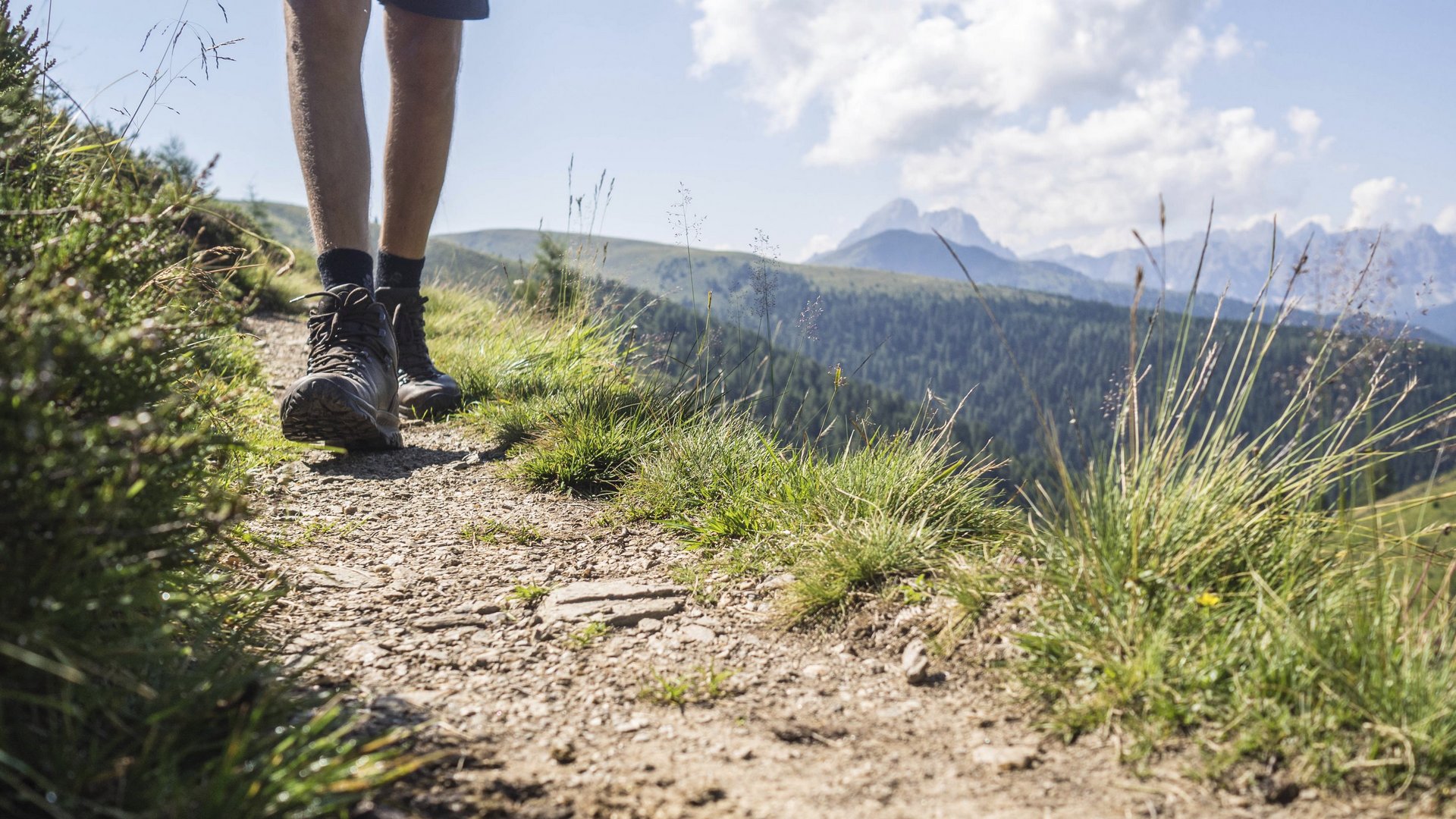 Hiker walking on narrow mountain trail with green landscape and mountains in the background